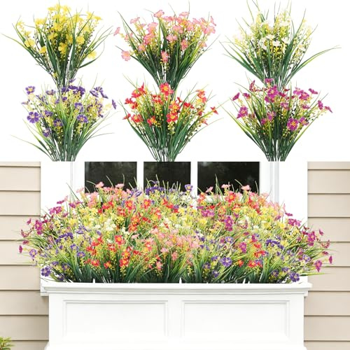 saerryor 18 Bundles Artificial Flowers Outdoor, 6 Colors UV Resistant Shrubs Plants Decorative Faux Plastic Flowers for Hanging Planter Home Wedding Porch Window
