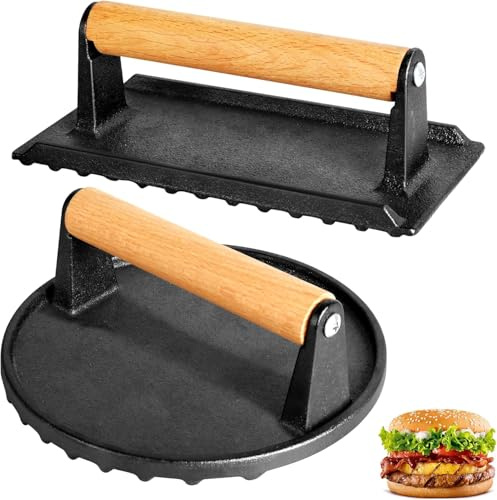 2 Pack Cast Iron Meat Press，Non-Stick Burger Smasher with Wooden Handle, Round and Rectangular Press for Burgers, Grilled Steak, Bacon, Sausages