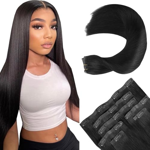 Gsoroel Straight Clip In Extensions Echthaar Perücke Damen Human Hair Extensions 1B Natural Black Menschliches Haar Bundles With Minimal Shedding For Women 22 Inch