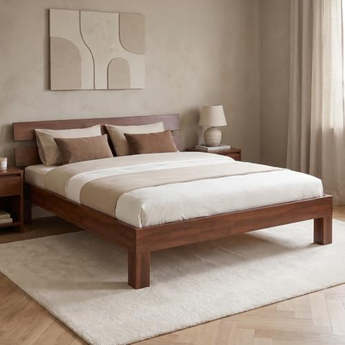 skølm Floki Massivholzbett Eiche 180x200 cm, mit Bettkopf, Walnussoptik | hochwertiges Bettgestell mit Strebe, Bettrahmen, massives Holzbett, Bett geeignet als Doppelbett, Futonbett Schlafzimmer