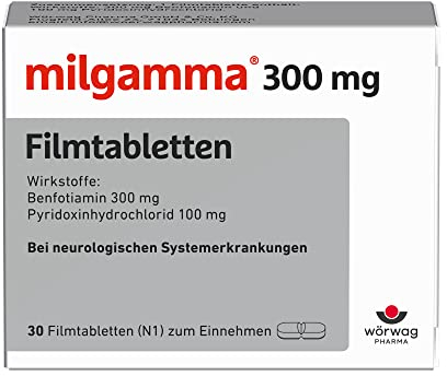 milgamma® 300 mg Vitamin B1 Filmtabletten mit Benfotiamin 300 mg (eine fettlösliche Vorstufe von Vitamin B1) und Vitamin B6, 30 Stück