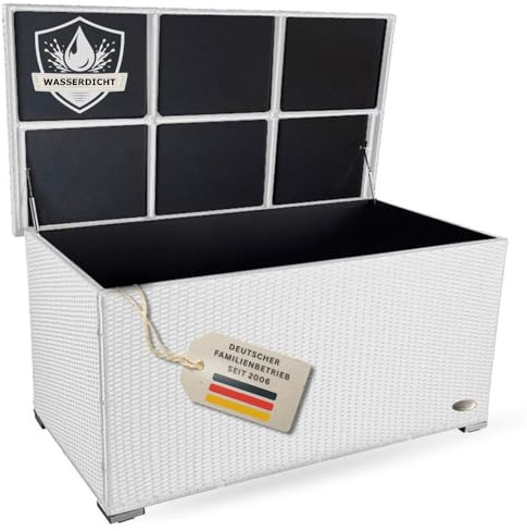 RS Trade Auflagenbox wasserdicht XXL, Gartenbox, Aufbewahrungsbox Garten, Kissenbox Outdoor, Gartentruhe, große Gartenkiste für Polster, wetterfeste Garten-Aufbewahrung, Polyrattan, 950l, Weiss