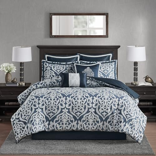 Madison Park Odette mysig täckeset Jacquard Damast Medaljong Design - Modern hela säsongen, Dun alternativa sängkläder, Shams, dekorativa kuddar, kung (264 x 233 cm), marinblå 8 delar