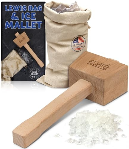 Eparé Lewis Tasche & Eishammer – Manueller Eiszerkleinerer aus Holz – Leinwand Crushing Bag – Crushed Ice Bar Cocktails – Barkeeper & Küchenwerkzeug-Set