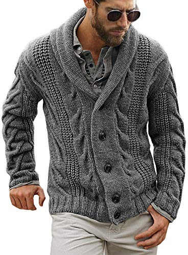 Mens Cable Knit Cardigan Sweater Shawl Collar Loose Fit Long Sleeve Casual Cardigans Grey