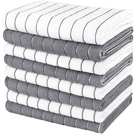 AIDEA Kitchen Towels-8PK, Super Soft and Absorbent Drying Towels for Dishes, Microfiber Cleaning Cloth Multi-Purpose Dish Towels for Kitchen, Home-Grey/White -18”x26”