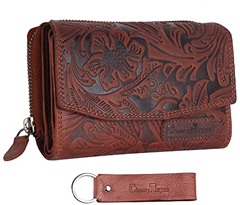 Chunkyrayan Echtleder Damen Geldbörse Hochwertig Vintage RFID Schutz inklusive Leder Schlüsselanhänger P GB-6 Dark Brown Flower