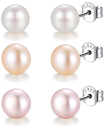 6mm Süßwasserperlen Ohrringe 3er Perlenohrringe Silber 925 Perlenohrstecker Echte Perlen Süßwasser-zuchtperlen Ohrringe Ohrstecker Weiße Champagner Helles Lila 3 Paar Set