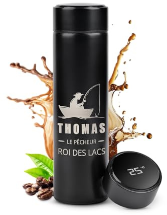 Maverton Mug de voyage isotherme avec gravure, Bouteille isotherme 450 ml | Infuseur à thé, Affichage de la température LED, Cadeau d'anniversaire personnalisé pour homme, Pêcheur