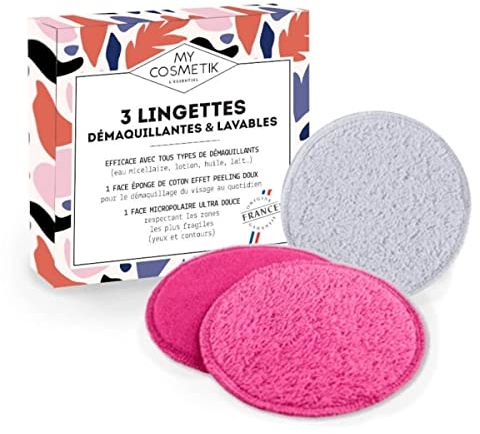 Pack de 3 toallitas desmaquillantes lavables - Fabricadas en Francia - Cara de esponja 100% algodón y cara de microfibra 100% poliéster - MY COSMETIK - Pack de 3