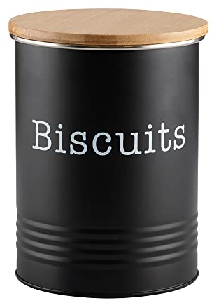 EHC Round Enamel Airtight Seal Cookie/Biscuit Kitchen Storage Canister Jar With Wooden Lid - Black
