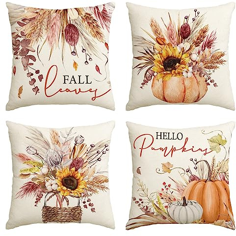 Artoid Mode Sonnenblumen Kürbisse Vase Herbst 45x45 cm 4er Set Kissenbezüge | Saisonal Blätter Fall Zierkissenbezug Cushion Cover Couch Wohnzimmer Deko