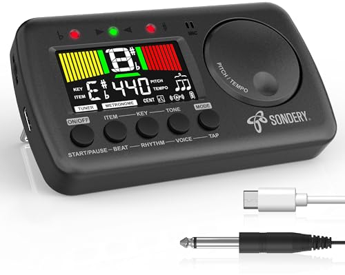 Sondery Metronom Stimmgerät wiederaufladbar für Gitarre, Bass, Ukulele und Blasinstrumente, englisches Vocal Counting Metronom mit Tap Tempo, Tongenerator, Typ-C Ladekabel und Piezo-Tonabnehmerkabel