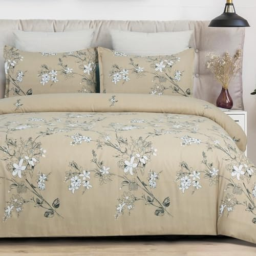 YEPINS Microfiber Quilt Duvet Cover Set with Zipper Closure and Corner Ties, Blossom/Branch Floral Printed Pattern, Camel Colour- King Size(230X220CM)