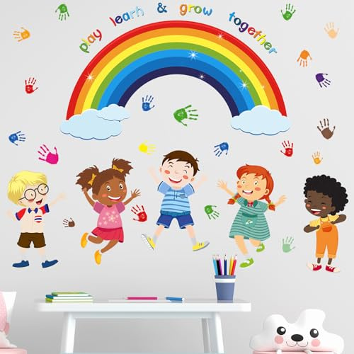 Amimagen Wandtattoo Play Learn & Grow Together Wandaufkleber - Inspirierenden Zitaten Regenbogen Wandsticker - Baby Kinderzimmer Kinderzimmer Tagespflege Spielzimmer Klassenzimmer Wanddeko