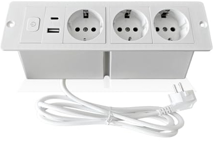 Versenkte Steckdose, Tischplatte Versenkte Steckdose, Einbau Steckdosenleiste mit 1,5m Kabel, Tischsteckdose mit USB Einbausteckdose (Weiss - 3AC)