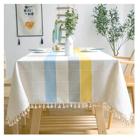 BCughia Tischdecke 60x60 Quadratisch, Tischdecke Wasserdicht Polyester Karomuster mit Quasten Tischtuch für Indoor, Outdoor, Essen, Küche, Blau Grau Gelb