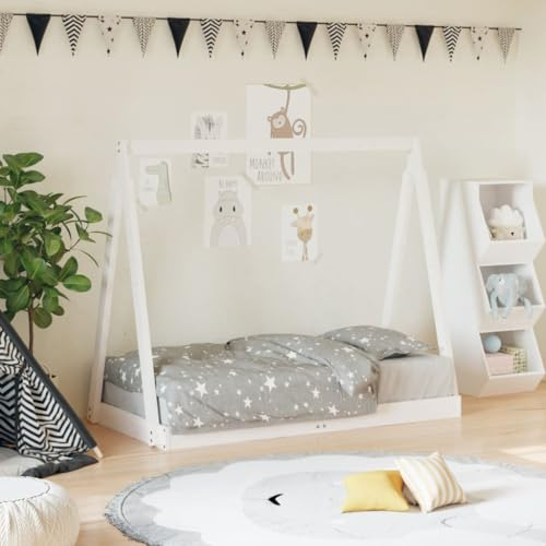 Hommdiy Kinderbett, Kinder Bettgestell in Tipi Design, Hausbett für Kleinkinder zwischen 18 Monaten und 4 Jahren, Einzelbett Kinder Tipi Bett Stil F,70 x 140 cm，Weiß