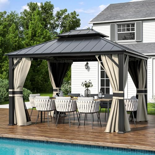 Amopatio 3 x 3.65 m Gartenpavillon Wasserdicht Stabil Winterfest Hardtop Pavillon, Verzinkter Stahl Doppeldach Aluminium Pavillon mit Moskitonetz und Vorhänge für Garten, Terrasse, Rasen, Beige