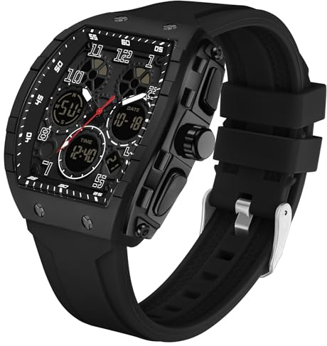 findtime Reloj digital para hombre, analógico, resistente al agua, 5 ATM, deportivo, militar, cronómetro, alarma de cuenta regresiva, reloj de pulsera de silicona resistente, negro, Correa