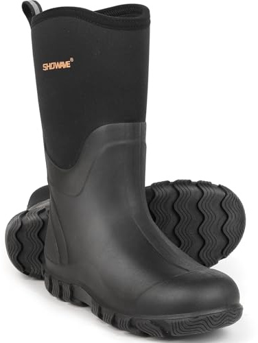 Showave Classic Men's Rubber Boots Waterproof Rain Boots Insulated Neoprene Boot Mud Boot for Farming Hunting Gardening Yard Chore Working, Size 9,Black