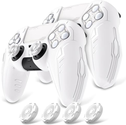 PlayVital 2 Set Silicone Case for ps5 Controller - Anti-Slip Premium Silicone Material|Futuristic CyberMech Design|Compatible with ps5 Official Charging Dock - White