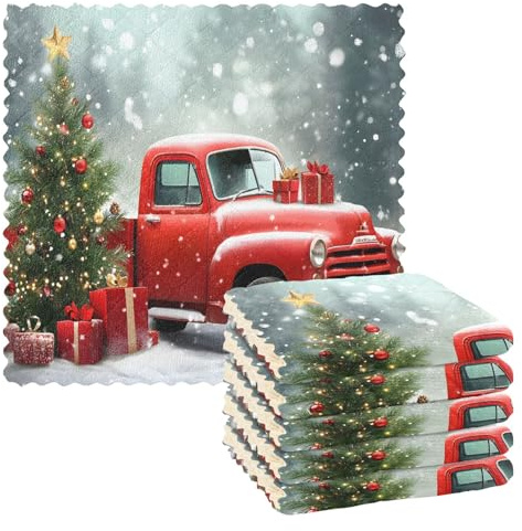 Microfibre Cleaning Cloths Xmas Red Truck Christmas Tree Reusable Dish Cloths for Washing Up 6 Pack Swedish Dishcloth Microfibre Cleaning Towels Washable Duster Rags Cloth Home