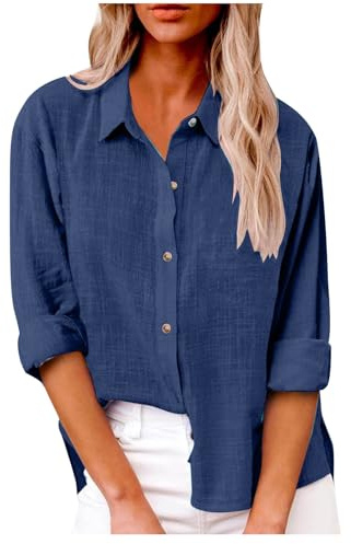 Musselin Bluse Damen Baumwolle Leinen Blusen Tuniken für Frauen Button Down Henley Shirt Plissee Einfarbige Hemdbluse Shirts Sommer Leinenbluse Oversize T-Shirt Blusenshirt Tunika Tops