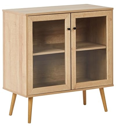 Beliani Aparador 2 Puertas 1 Estante Tablero de partículas Patas de Madera de Pino Frente de Vidrio marrón Claro Albany