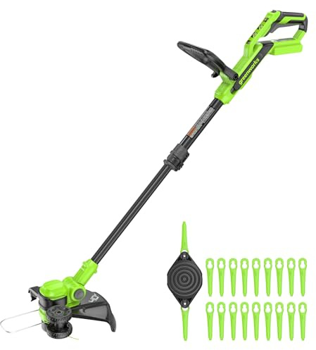 Greenworks 40 V 33,0 cm kronlös grästrimmer/kantskärare, automatisk matningssnöre, vridbart huvud, lätt grässkärare, 20 plastblad bladskydd, batteri säljs separat
