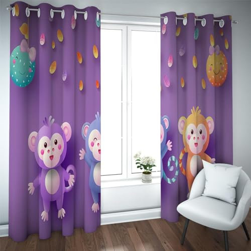 TOANGWALL Purple Blackout Curtains for Sliding Glass Door Cartoon Anime Colorful Monkey Leaves Pattern Soundproof Window Drapes 2 Panels W55xL72in