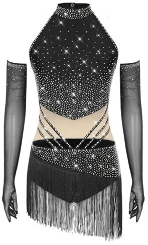 Runhomal Damen Latein Tanzkleid Pailletten Tanz Outfits Quasten Trikot Anzug mit Mesh Handschuhe Ballerina Ballroom Tanzkostüm Schwarz XL