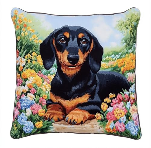 ORLUMY Latch Hook Kits Dachshund Floral Path Latch Hook Cushion Kits DIY Cross Stitch Sofa Cushion Cover with Latch Hook Tool Fit for Teenager and Adults Latch Hook Cushion Cover Kit 43X43Cm