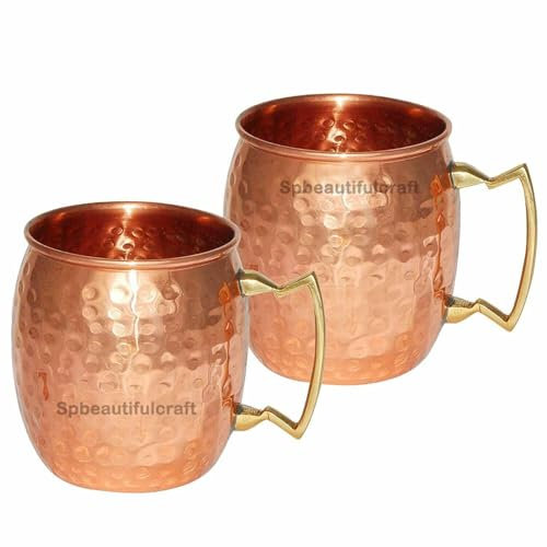 HRS India Pure Copper Moscow Mule Mugs Hammered Finish Serving Copper Mug Brass Handle Drinking Cup, 16.9 oz (500ML), Set of 2