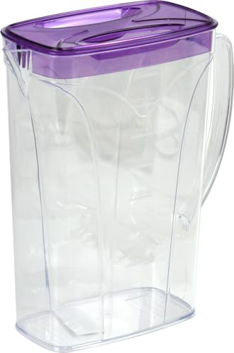Clear Plastic Water Jug with Lid 2 Litre Capacity Stackable Pitcher with Handle Vented Spout (Purple)