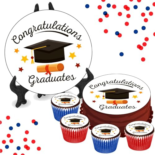 Congratulations Graduate - 8 INCH Cake or Cupcake Icing Toppers - Congrats Celebration Cake Decorations Perfect For Brownies Cookies Muffins & More! (35 x Circle Cupcake Toppers (3.5cm x 3.5cm))