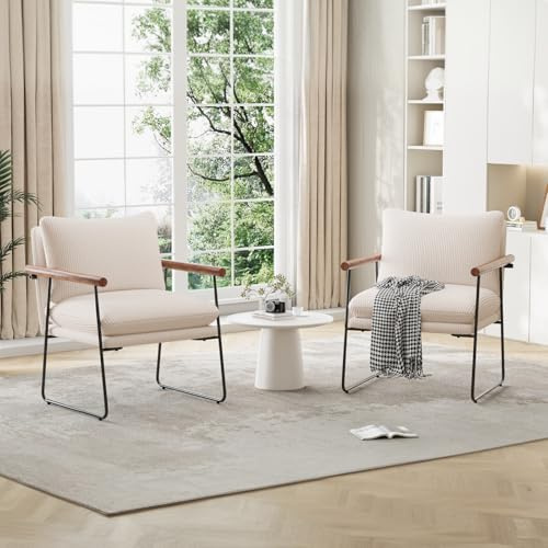 Ckaff Extragroß Ohrensessel Sessel Wohnzimmer 65x62x83cm，Sessel•Loungesessel•Relaxsessel mit Metallrahmen und Polsterung, Polstersessel Bouclé für Wohnzimmer Schlafzimmer, Cord, Beige, 2 Stück