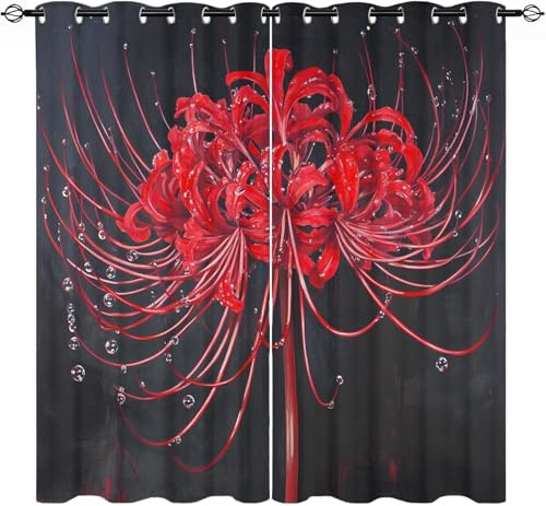 Generisch Blickdicht Verdunklungsvorhänge für Wohnzimmer H214 x B91.5 cm (2er Pack), Rote Spinnenlilie Thermovorhang, Waschbarer Polyester Ösenschal Vorhang, Schwarz und Rot Gardinen für Kinderzimmer