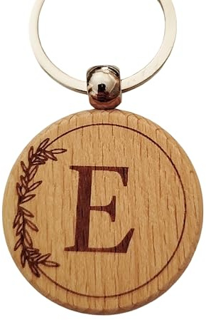 E Porte-clés Personnalisé Lettre E en Bois Gravé - Porte Clef Maison Voiture Cadeau Personnalisé Idéal pour Noël, Anniversaire ou Toute Occasion