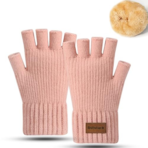 Bototack Fingerless Gloves for Women - Winter Thermal Half Finger Gloves Warm Knitted Fingerless Mittens for Driving Running (Pink)