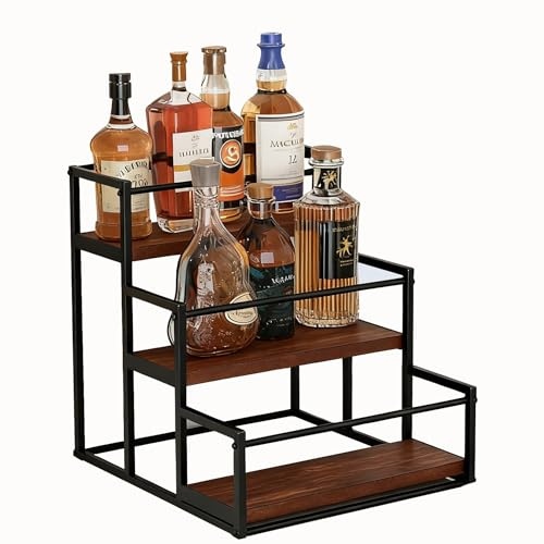 Liwankaqi Scaffale per bottiglie di liquori, 3 ripiani, in legno, con vassoio per bottiglie di liquori, 12 bottiglie, per whisky, alcool, bevande (35P x 35l x 6H cm)