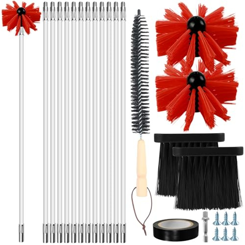 Deshollinador de chimeneas, Juego de 18 Piezas para Limpieza - Rojo | Con 12 Varillas 41cm, 2 Cabezas de Cepillo 10cm,Varilla Hexagonal 4,5cm, Cepillo con Mango de Madera 38cm, 2 Cepillo Chimenea