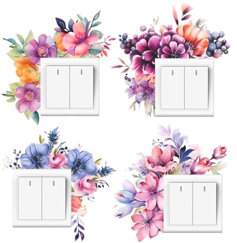 GORGECRAFT 8 Unidad de Adhesivos Interruptor de Luz 4 Estilos Flores Coloridas Diseño Floral Rosa Morado Adhesivos de Pared de PVC Impermeables de Interruptores En el Hogar Sala de Estar Dormitorio