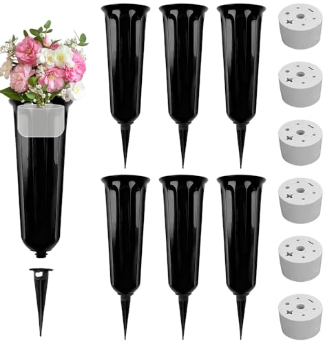 6 PCS Grave Vases with Spike, Grave Flower Pots Detachable, Memorial Vases for Graves, Plastic Grave Flower Holders with Base, Grave Ornaments for Fresh or Artificial Flowers (Black)