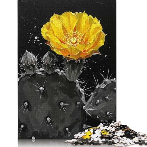Puzzle en Bois pour Adultes et Adolescents : Fleur de Cactus Jaune sur Fond Noir, idéal pour Une soirée Jeux en Famille (500 pièces, 52 x 38 cm)