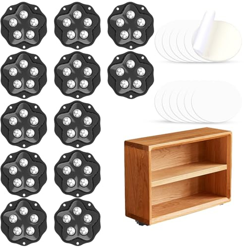 12 Stück Kugelrollen Schwerlast, Selbstklebende Kleine Möbelrollen Flach, Kugelrollen Für Möbel, Möbelrollen 360 Grad Rollen, Mini Rollen mit 12 Stahlkugeln und 12 Bremse (Schwarz)