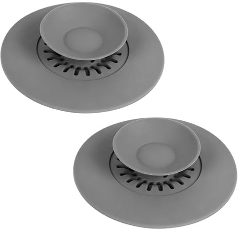 2Pcs Universal Silicone Bath Plug, Kitchen Sink Plug Replacement, Press Type Bathtub Drain Strainer with Hair Catcher for Bathroom Washbasin, Grey
