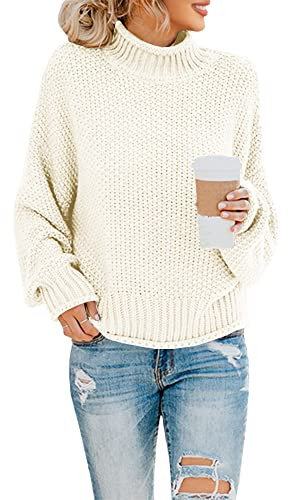 Saodimallsu Pulls surdimensionnés à col roulé pour femmes Pull à manches longues chauve-souris Pull ample en tricot épais Beige-Blanc