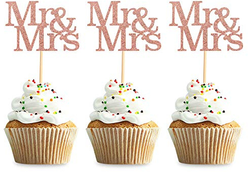 24 Stück Mr Mrs Cupcake Toppers Liebe Herr Frau Cupcake Picks Roségold Glitter Hochzeit Cucpake Topper Brautdusche Kuchen Dekorationen Partyzubehör