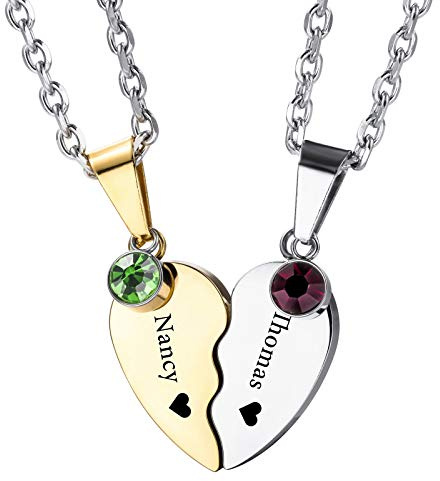 INBULE Personalisierte Herz Pärchen Halskette mit Wunschgravur von Name Datum für Paare Damen Herren Liebhaber Geburtsstein Edelstahl Verstellbare Kette Liebevolle Beziehung Puzzle Anhänger